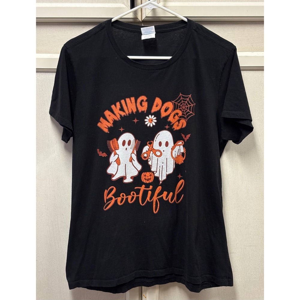 Halloween Ghost Dog T Shirt Port & Company Ladies Large Black Bootiful